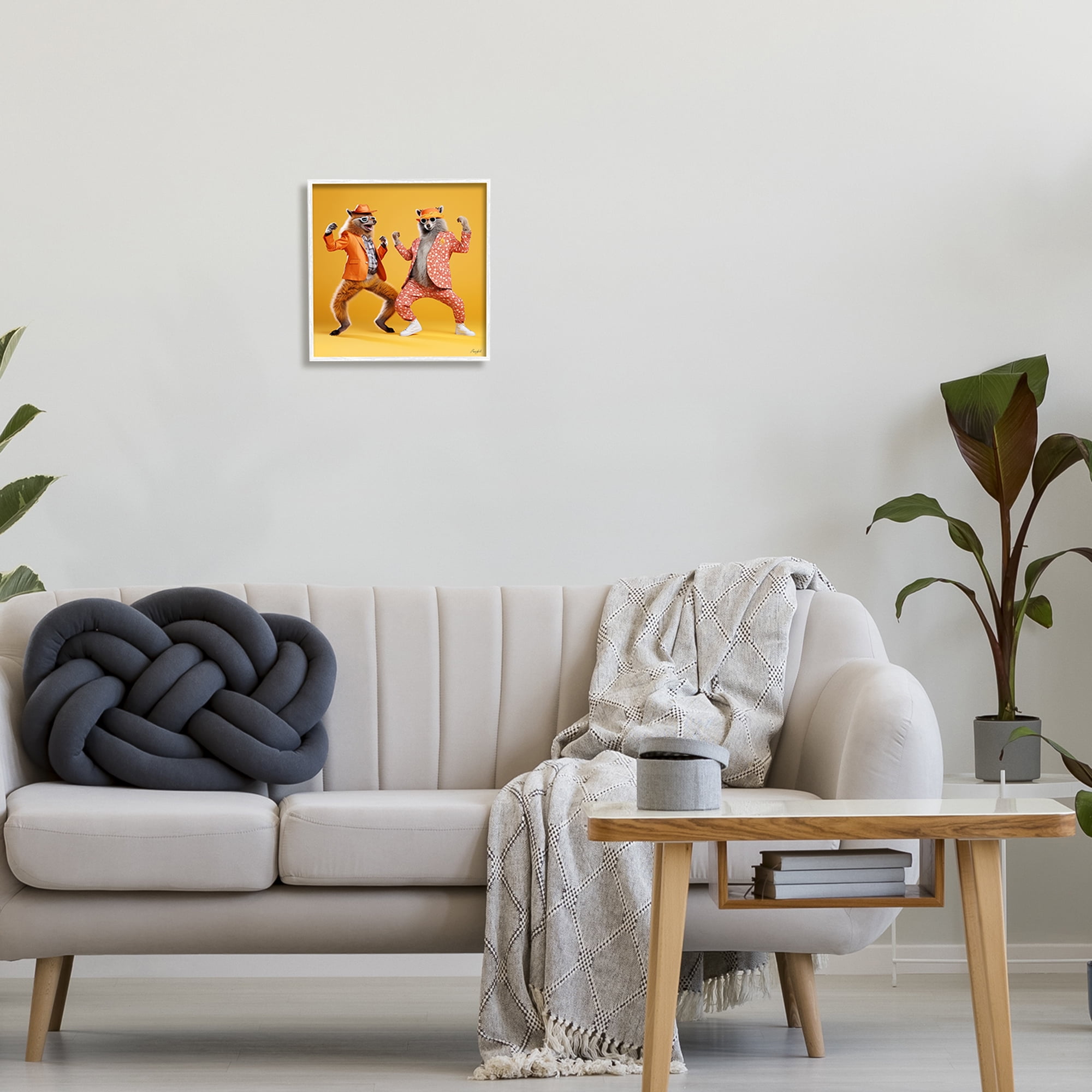 Stupell Industries Dancing Foxes on Yellow Animals & Insects Painting White Framed Art Print Wall Art, 12 x 12