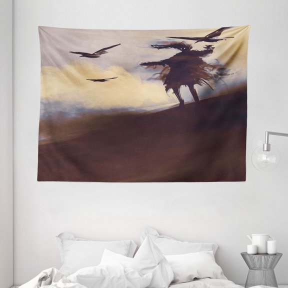Horror Decor Tapestry, Dark Soul From a Scary Movie Film on the Hills with Clouds and Flying Crows Print, Wall Hanging for Bedroom Living Room Dorm Decor, 80W X 60L Inches, Black, by Ambesonne