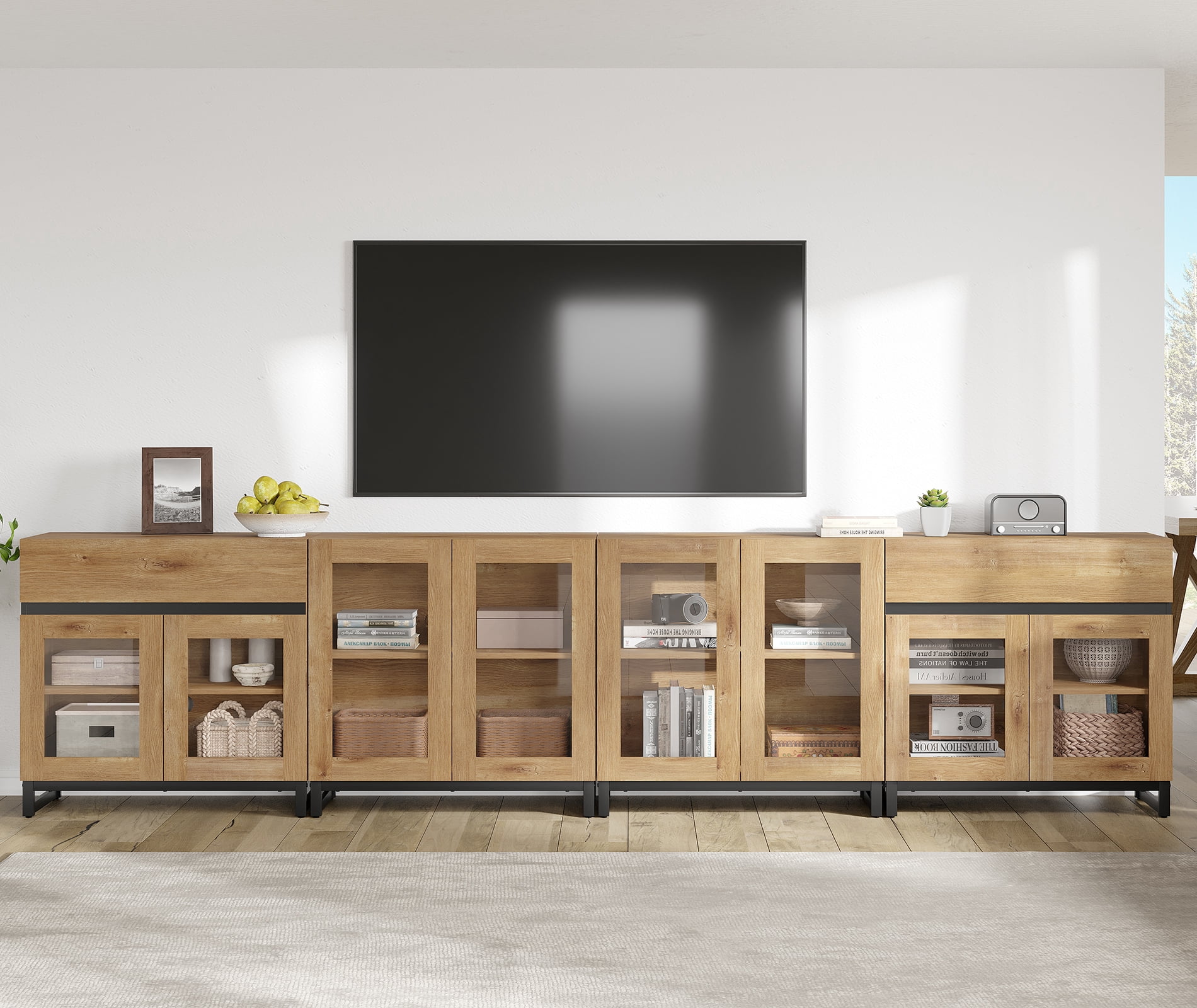 Modern TV Stand For Tvs Up To 120 Inches, 4 In 1 TV Console With Glass Doors And 2 Drawers, Entertainment Center With Adjustable Shelf For Living Room, Bedroom,Oak