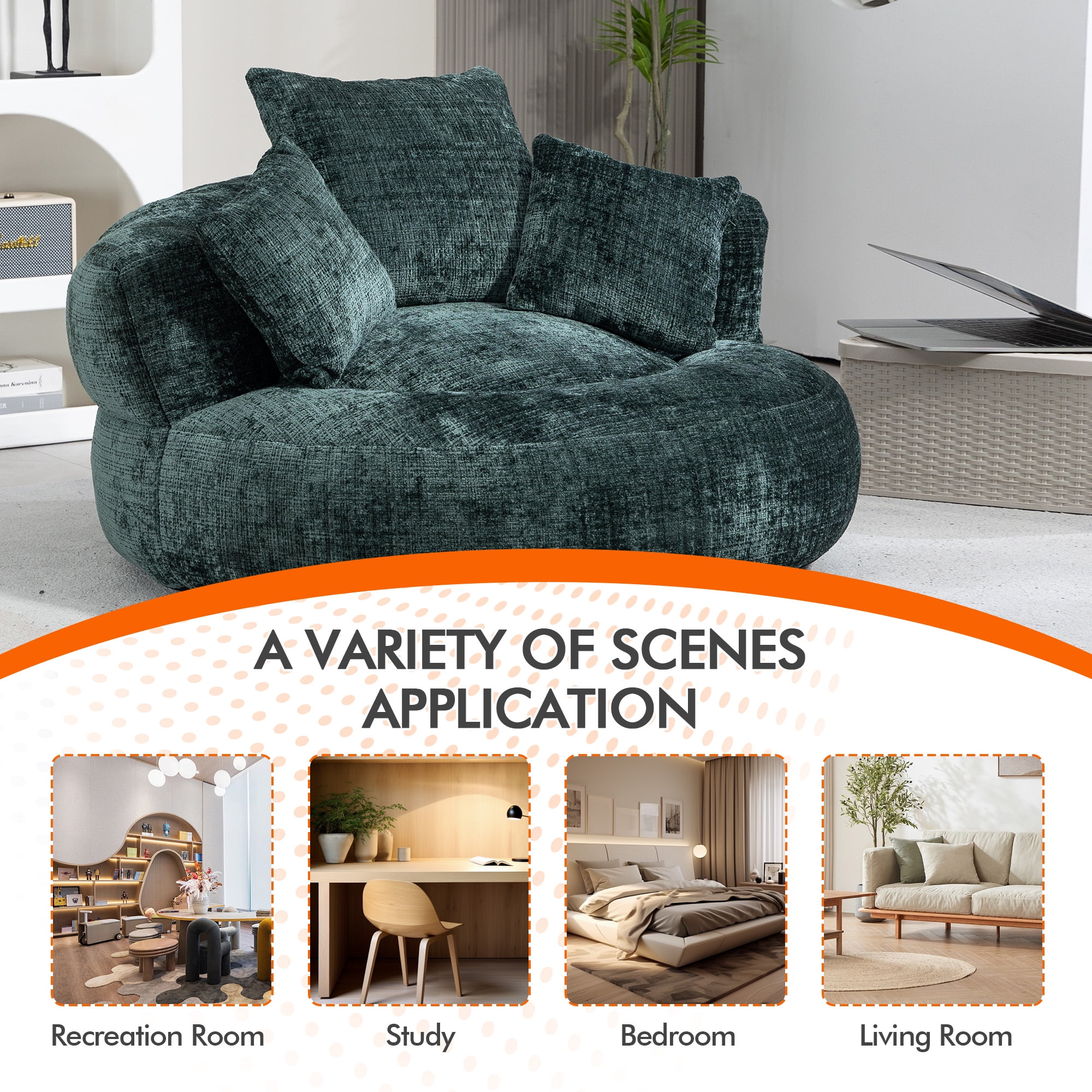 MOONMISS Chenille Upholstered Durable Comfort Lounger Bean Bag Lazy Sofa with Three Pillows-Emerald