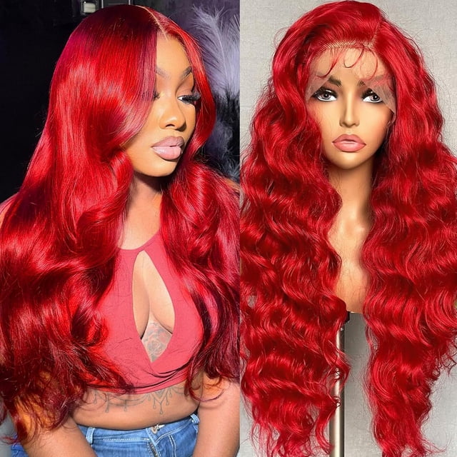 Peluca JINNOO de pelo humano rojo ondulado con encaje en la parte delantera, 20 pulgadas, densidad del 200%