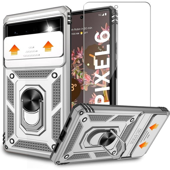 for Google Pixel 6 Case with HD Screen Protector, Build in 360° Rotating Ring Kickstand [Military Grade] Protective Case for Pixel 6, Silver