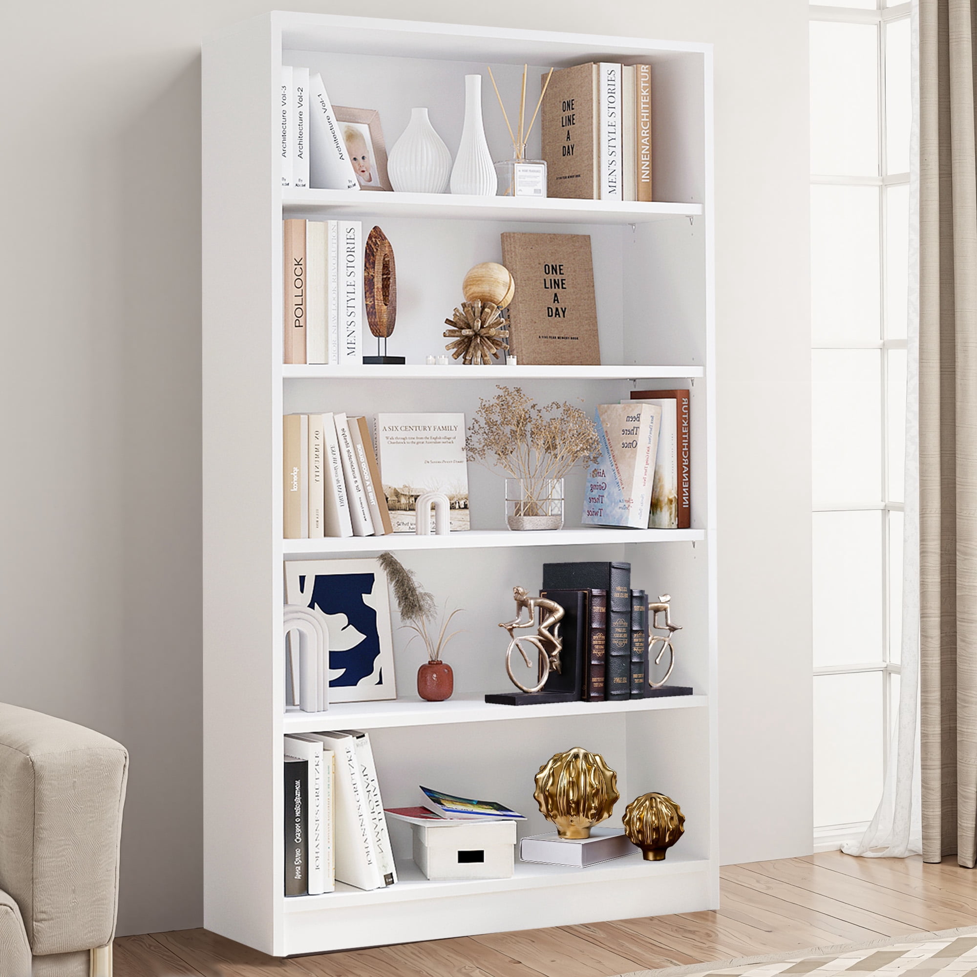 MAYEERTY 5-Shelf Wood Bookcase, 60" Tall, for Bedroom, White