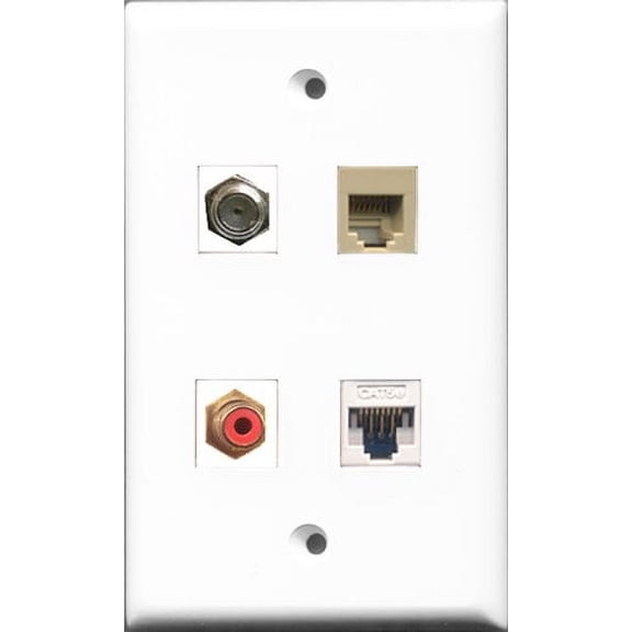 RiteAV 1 Port RCA Red and 1 Port Coax Cable TV- F-Type and 1 Port Phone RJ11 RJ12 Beige and 1 Port Cat5e Ethernet White Wall Plate