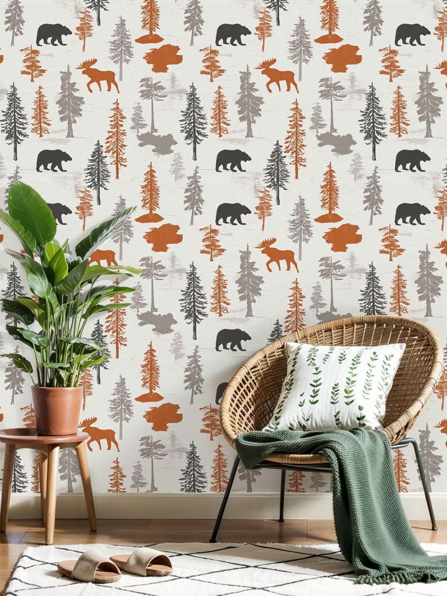 Peel and Stick Wallpaper Forest Wildlife Bear Moose Evergreen Trees Autumn Tones Wall Mural 17.7in x 9.8ft Self Adhesive Removable Wall Paper Renter Friendly Wallpaper for Nursery Bedroom Cabinets