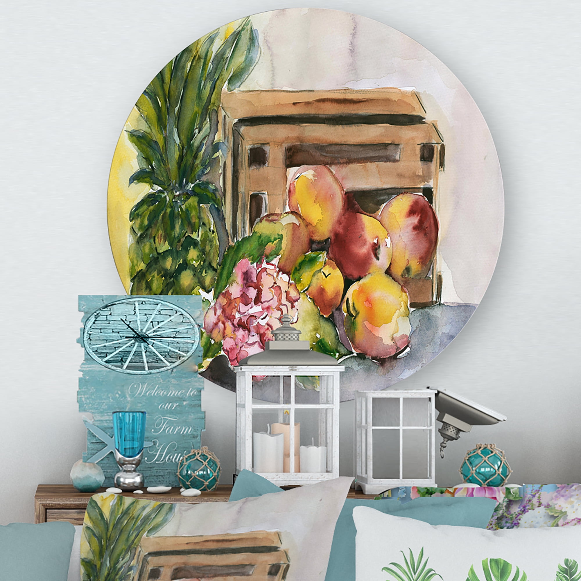 Designart 'Historic Fruits V' Farmhouse Circle Metal Wall Art 11x11 - Disc of 11