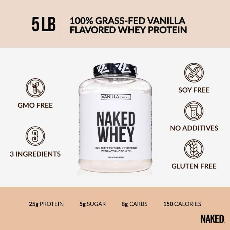 NAKED Whey Vanilla Protein - All Natural Grass Fed Whey Protein Powder + Vanilla + Coconut Sugar- 5Lb Bulk, GMO-Free, Soy Free, Gluten Free. Aid Muscle Recovery - 61 Servings