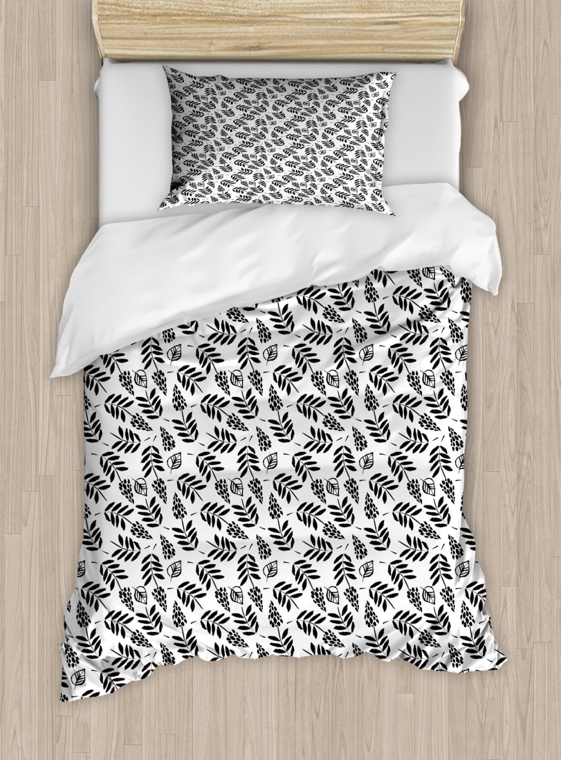 Black and White Duvet Cover Set Twin Size, Botanical Pattern with Hand