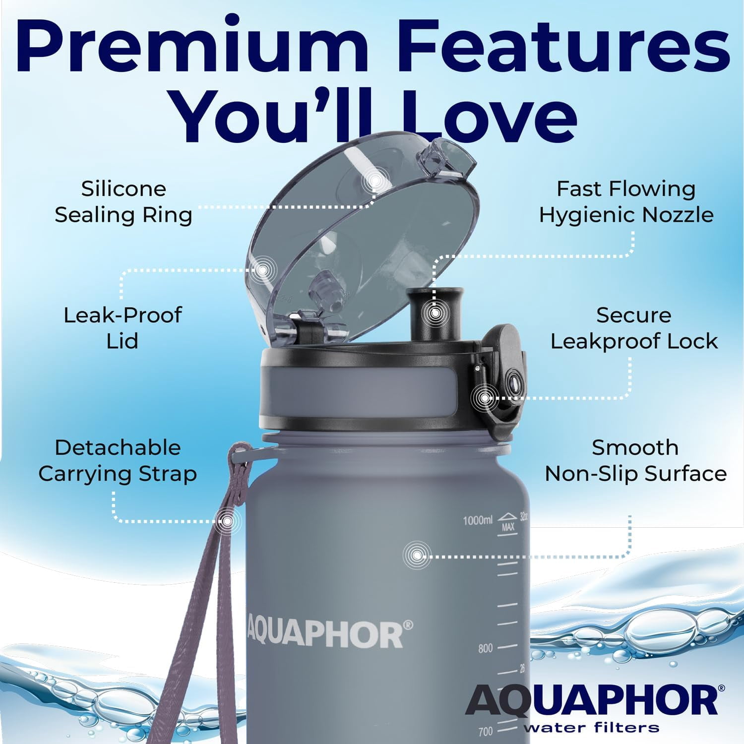 JJEAN-Filtered Water Bottle, Leakproof, BPA-Free, Motivational Markings, Travel, Everyday Use. 40-Gallon Filter, Replaces 300 Plastic Water Bottles. Includes 1 Filter, 22 FL Oz, Grey by Aquaphor