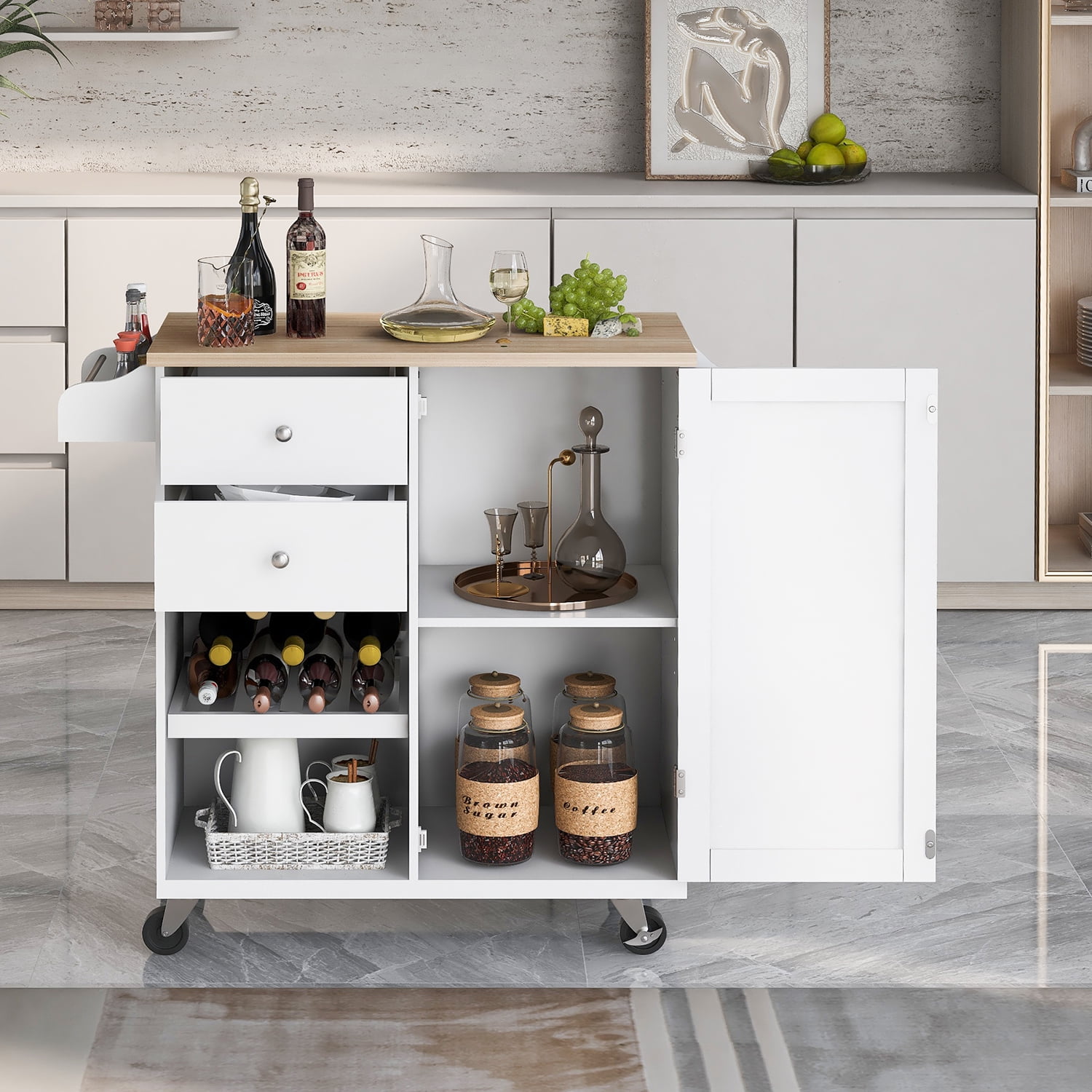 Kepooman Kitchen Cart with Spice Rack, Towel Rack & Two Drawers, Kitchen Island on Wheels for Your Daily Food Preparation, White Kepooman Kitchen Cart with Spice Rack, Towel Rack & Two Drawers, Kitchen Island on Wheels for Your Daily Food Preparation, White