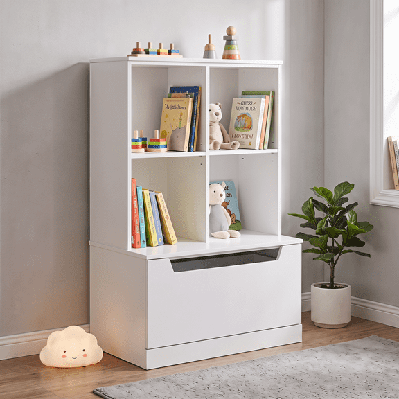 PAWON Kids Bookshelf with Drawer, Wooden Toy Organizer and Bookcase with Adjustable Cubbies, White