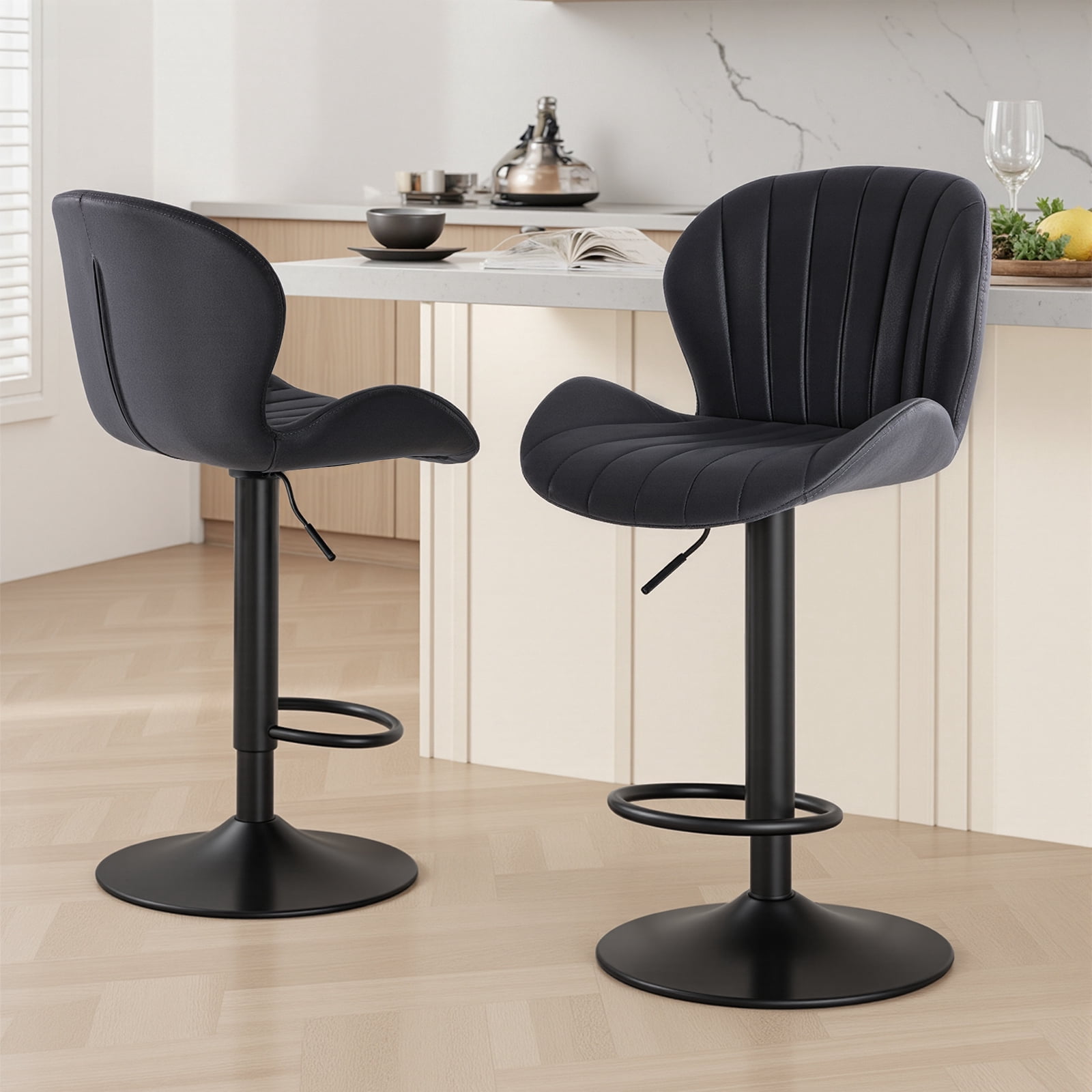 EDX Bar Stools Set of 2, Modern Adjustable Armless Swivel Counter Stools with PU Leather, Black