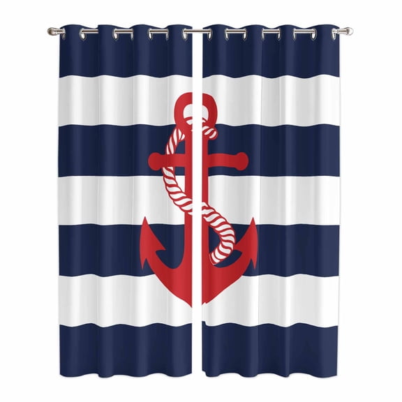 Navy Blue Stripe Nautical Kitchen Curtains 84 Inch Length, Red Anchor Summer Coastal Grommet Top Bedroom Living Room Curtains, Light Filtering Cafe Curtain Drapes 2 Panels Set 84''x84''