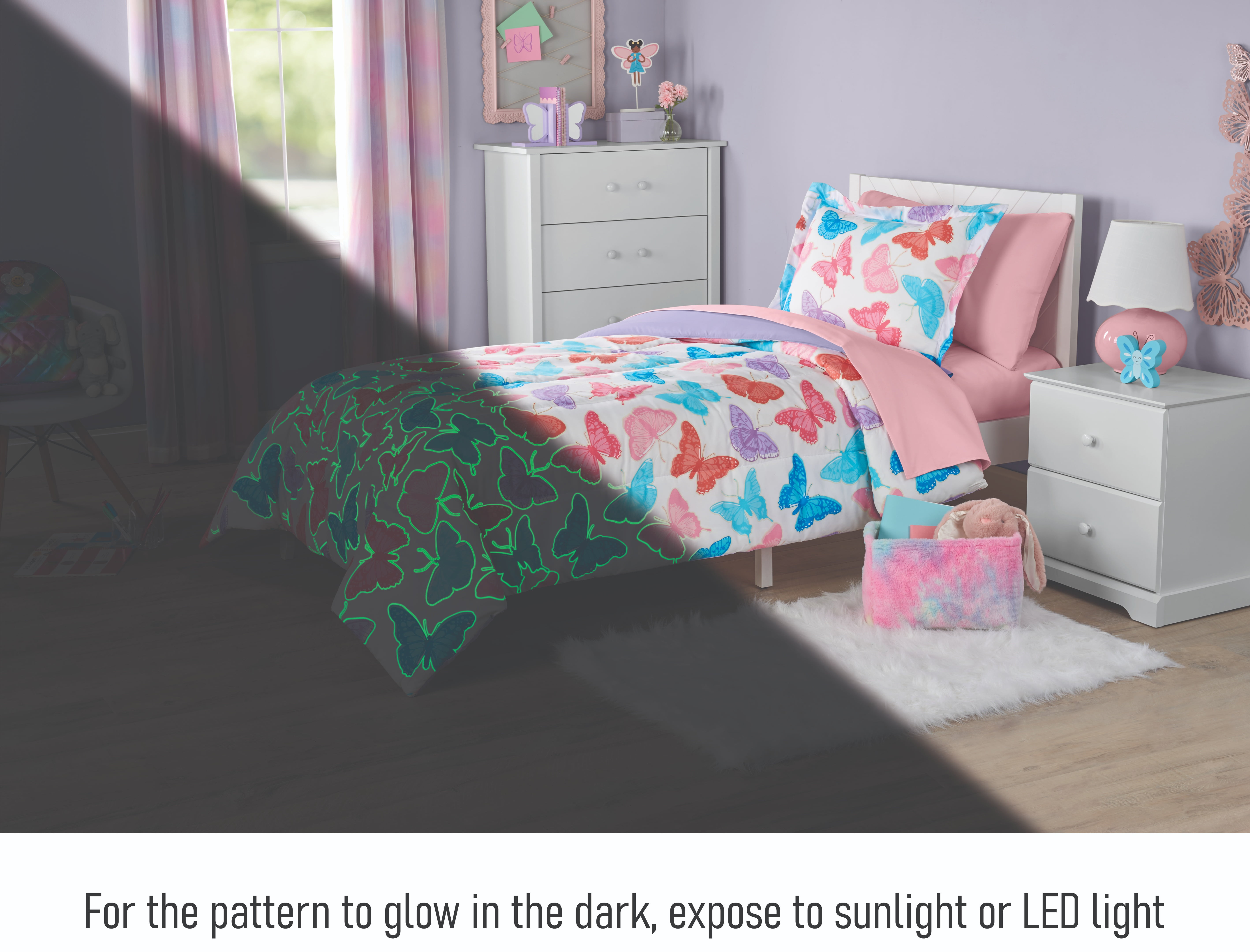 Your Zone Glow-in-the-Dark Butterfly 5-Piece Bedding Set with Fabric Storage Bag, Twin