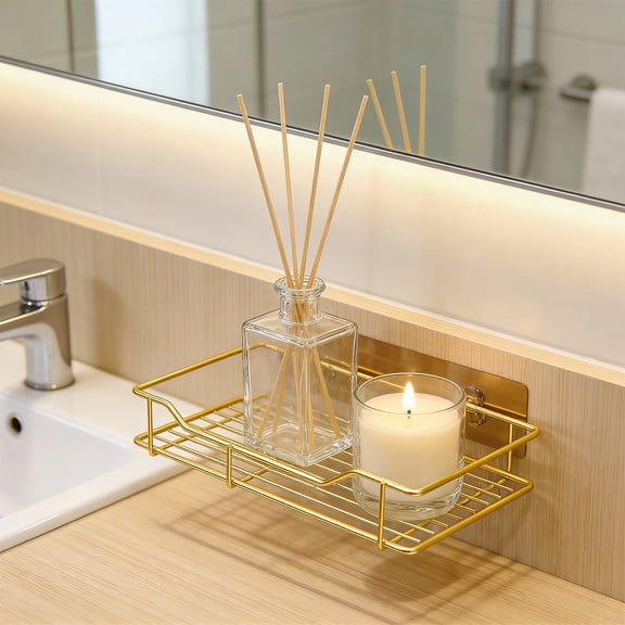 Yakvarog 10" x 4.3" No Drill Rustproof Gold Metal Bathroom Shelf Storage, Wall Mounted Adhesive Shower Shelf for Bathroom Toiletries Cosmetics Kitchen & Home