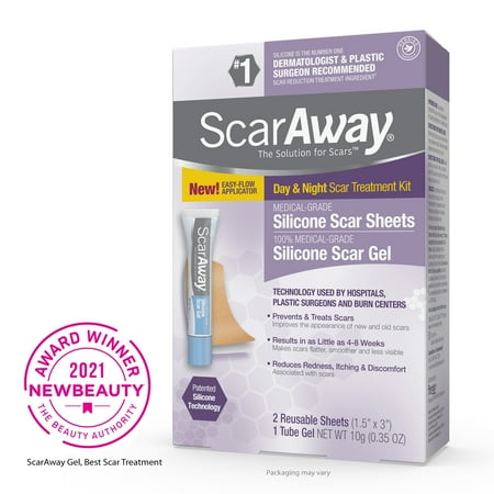 ScarAway Complete Scar Treatement Kit, Silicone Scar Sheets And 100% Silicone Gel, 2 Reusable Sheets And 1 Tube Gel