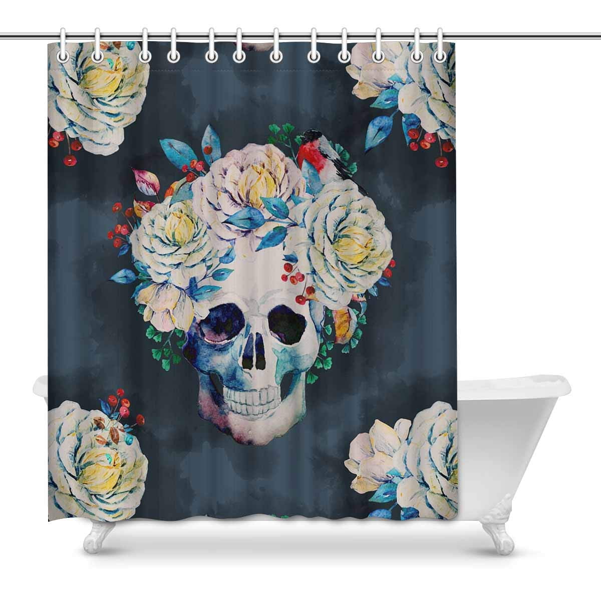 Watercolor Floral Sugar Skull Bathroom Waterproof Fabric Shower Curtain Set Hook