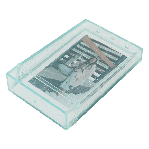 Caja de almacenamiento de fotos para cámara instantánea de 3 pulgadas, mini estuche para fotos para PC con cuerda de mano para tarjetas con imágenes, verde transparente con purpurina