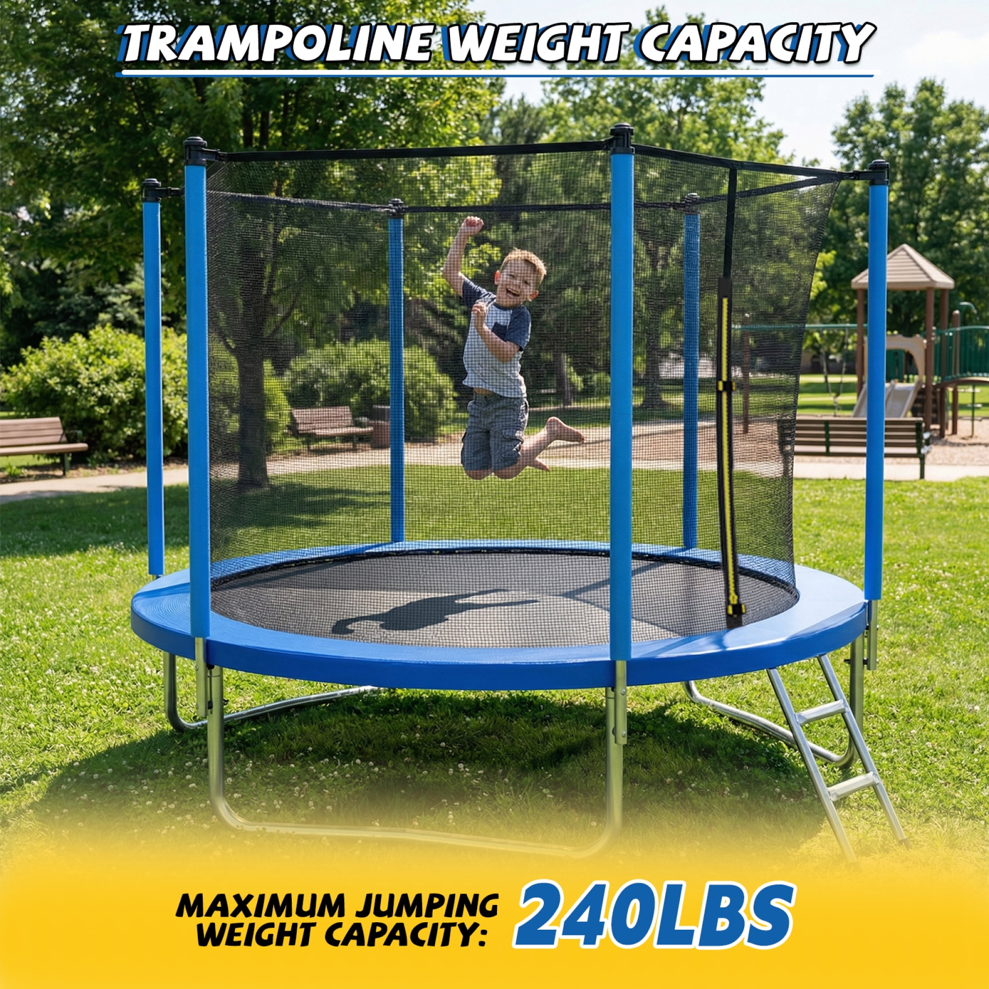 Leumius 8ft Trampoline for Kids,Outdoor Trampoline with Safety Enclosure Net and Ladder,Recreational Trampoline for Family Fun,Blue