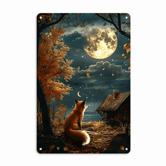 [1pc Autumn Night Farmhouse Scene Metal Tin Sign] Vintage Rustic Metal Tin Sign with Autumn Night Farmhouse Scene – Fox Under Moonlight Wall Art, Multipurpose Retro Hanging Decor for Home, Office