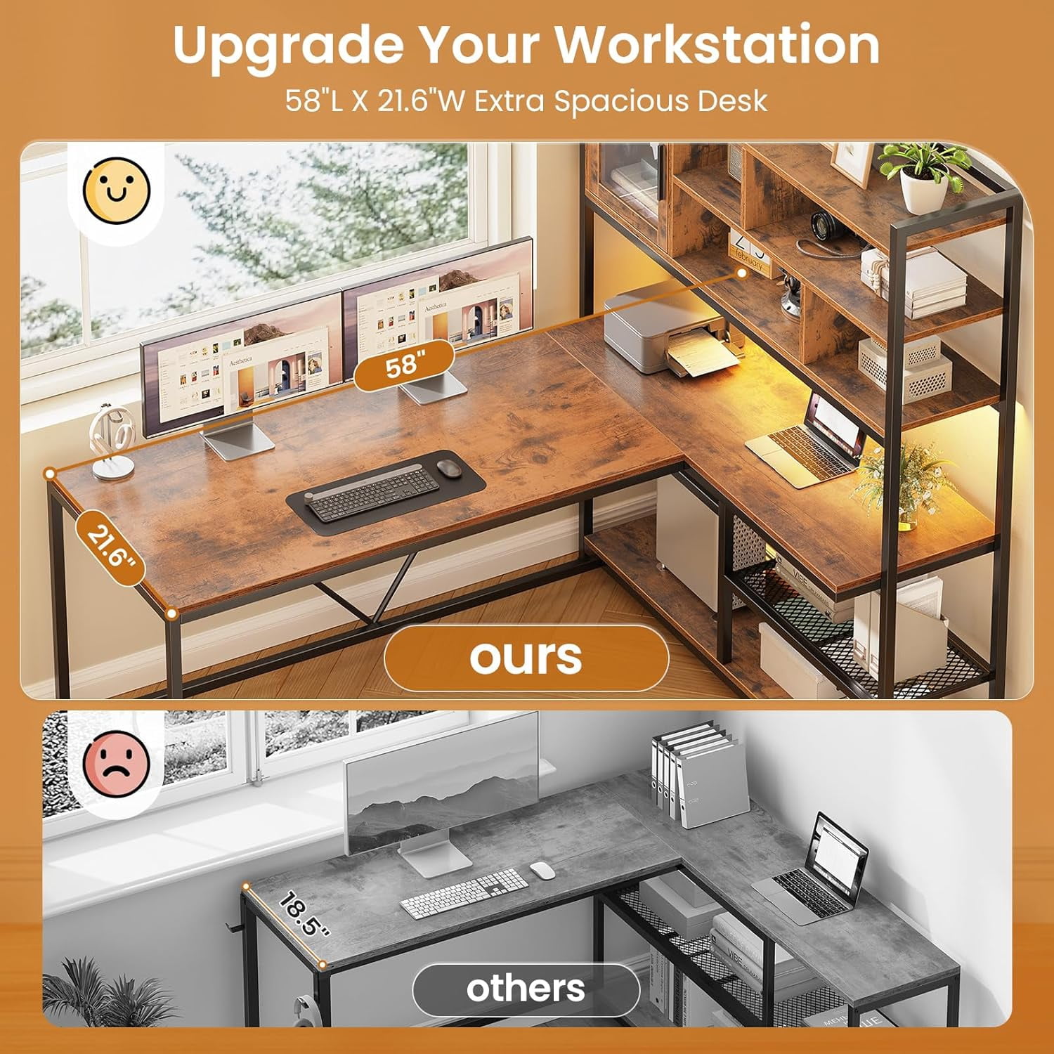 L-Shaped Desk with LED Lights & Hutch, Reversible Corner Computer Desk with Storage Shelves & Glass Cabinet, Writing Desk for Home Study, Rustic Brown