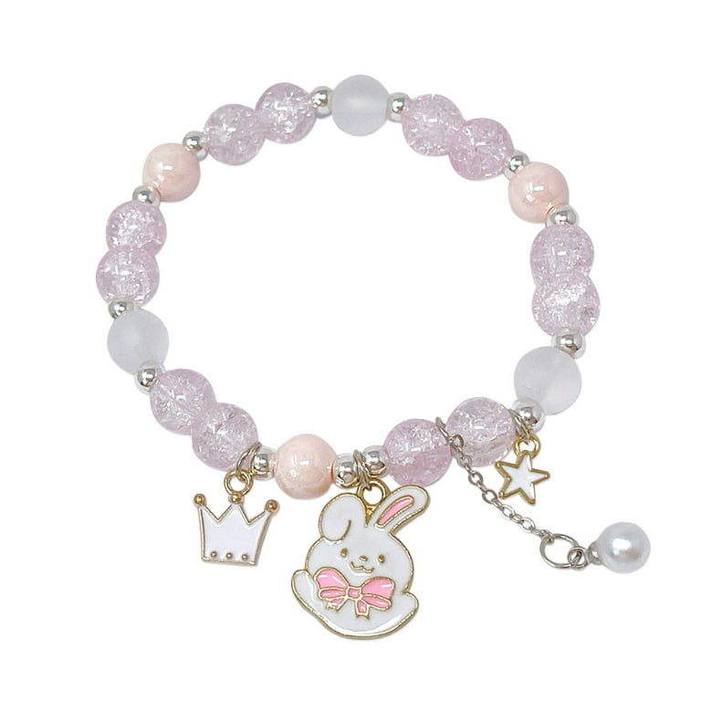 Wrapables Friendship Beaded Enamel Charm Bracelet, Pink Crown Bunny Crystal  Beads