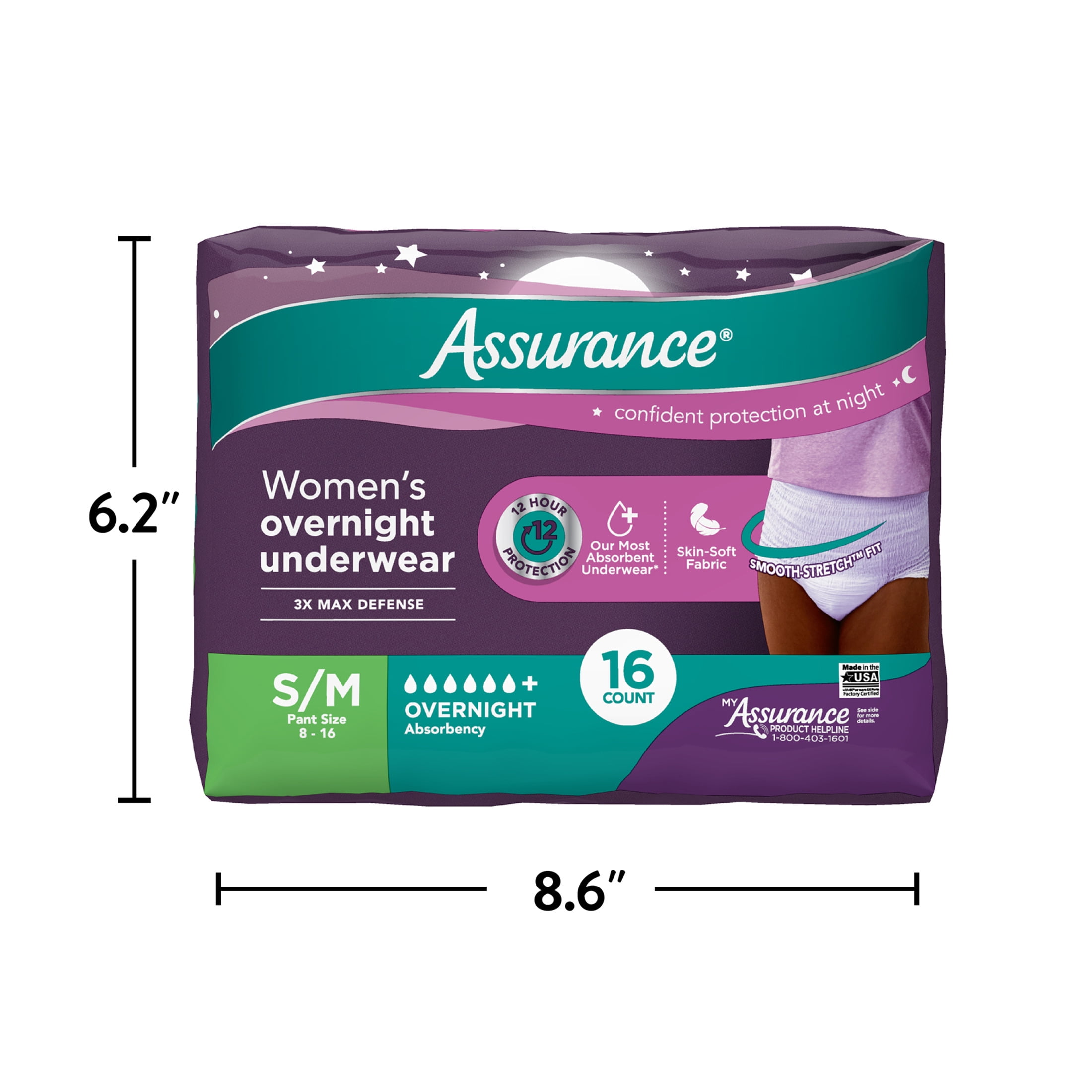 Assurance Women's Overnight Incontinence and Postpartum Underwear, S/M, Ultimate Absorbency, 16 Count