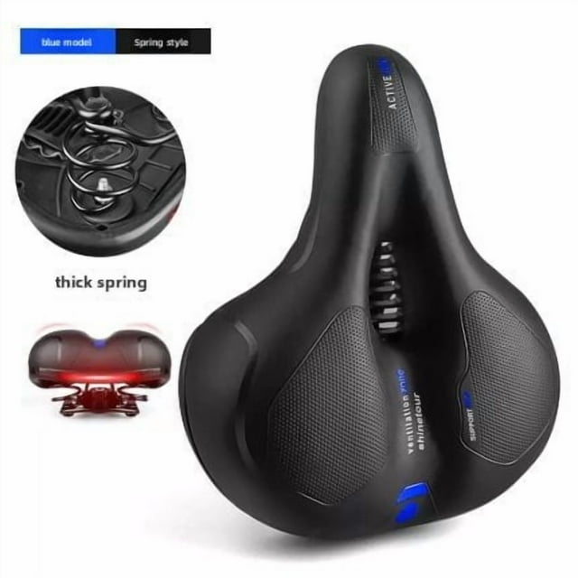 JCSp Universal Mountain Bike Saddle: Comfortable Soft Thickened Sponge & Premium Leather Cushion with Spring, Reflective Strips, Durable Construction - Black/Blue, One Size (R689 Spring Model)