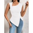 thumbnail image 5 of Womens Asymmetric Neck Slim Fit Cropped Solid Color Tshirt Elegant Basic Top Casual Chic Tee Cream White L, 5 of 9