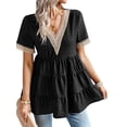 thumbnail image 4 of HUBERY Women Contrast Color V Neck Hollow Out Short Sleeve Ruched Hem Top, 4 of 7