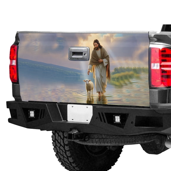 Jesus Christ With Lamb Tailgate Wrap – Christian Faith Truck Tailgate Decal, Religious Savior Water Reflection Truck Tailgate Graphic