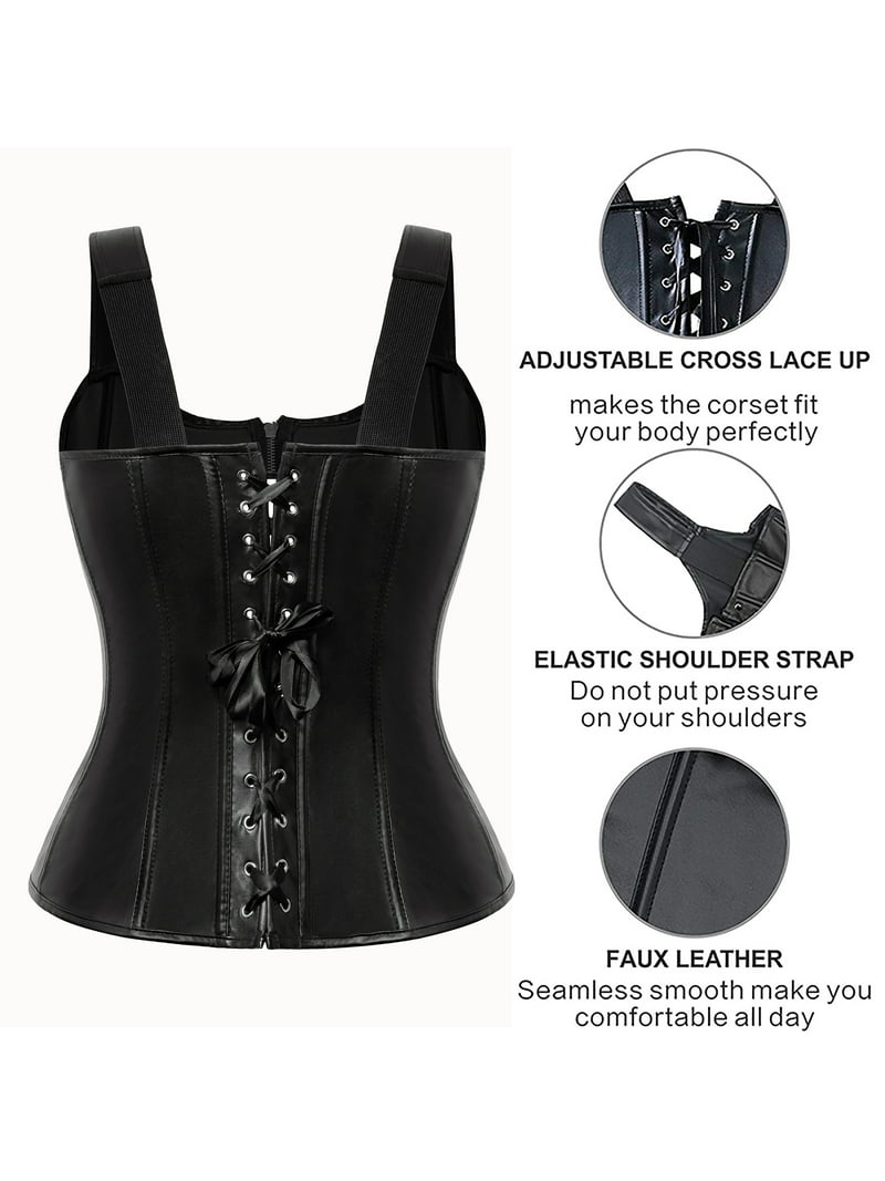 QRIC Women Sexy Steampunk Zipper Faux Leather Corset Bustier Top