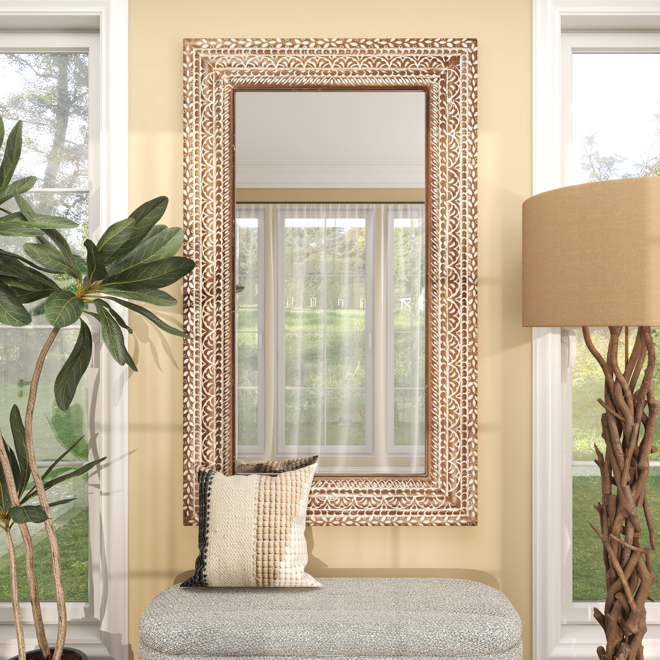 DecMode 36" x 59" Brown Floral Wall Mirror with Detailed Cream Carvings
