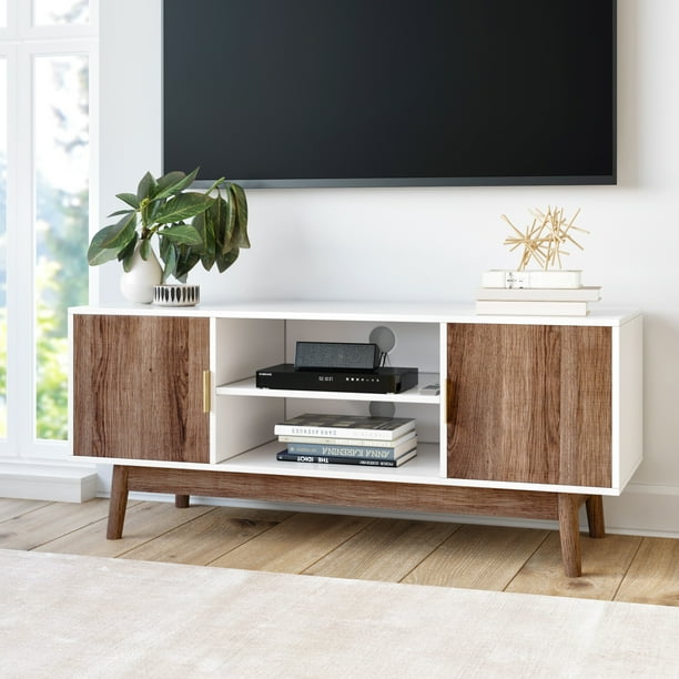 Wood construction with mdf cabinet 3. nathan james wesley scandinavian tv stand media console with white frame and rustic oak cabinet doors
