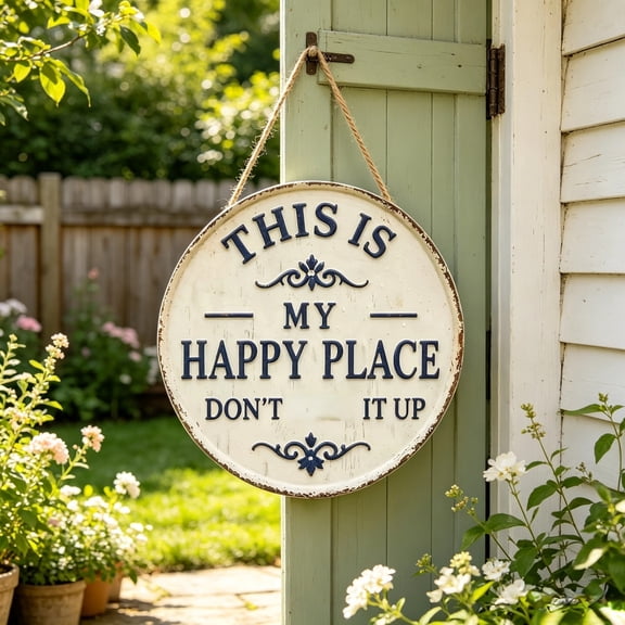 Happy Place Vintage Statement Metal Sign,This Is My Happy Place Dont It Up Rustic Tin Plaque for Home Patio Porch & Outdoor Spaces Front Door Home Office Kitchen
