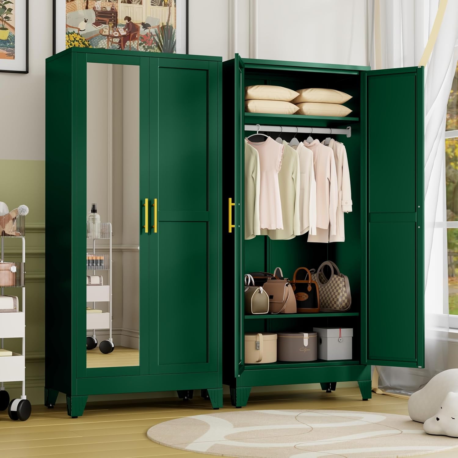 Metal Armoire Wardrobe Closet Storage Cabinet with Mirror Green 71 Wardrobe Cabinet with Hanging Rod Metal Closet with 2 Adjustable Shelves for Bedroom Laundry Room Cloak Room