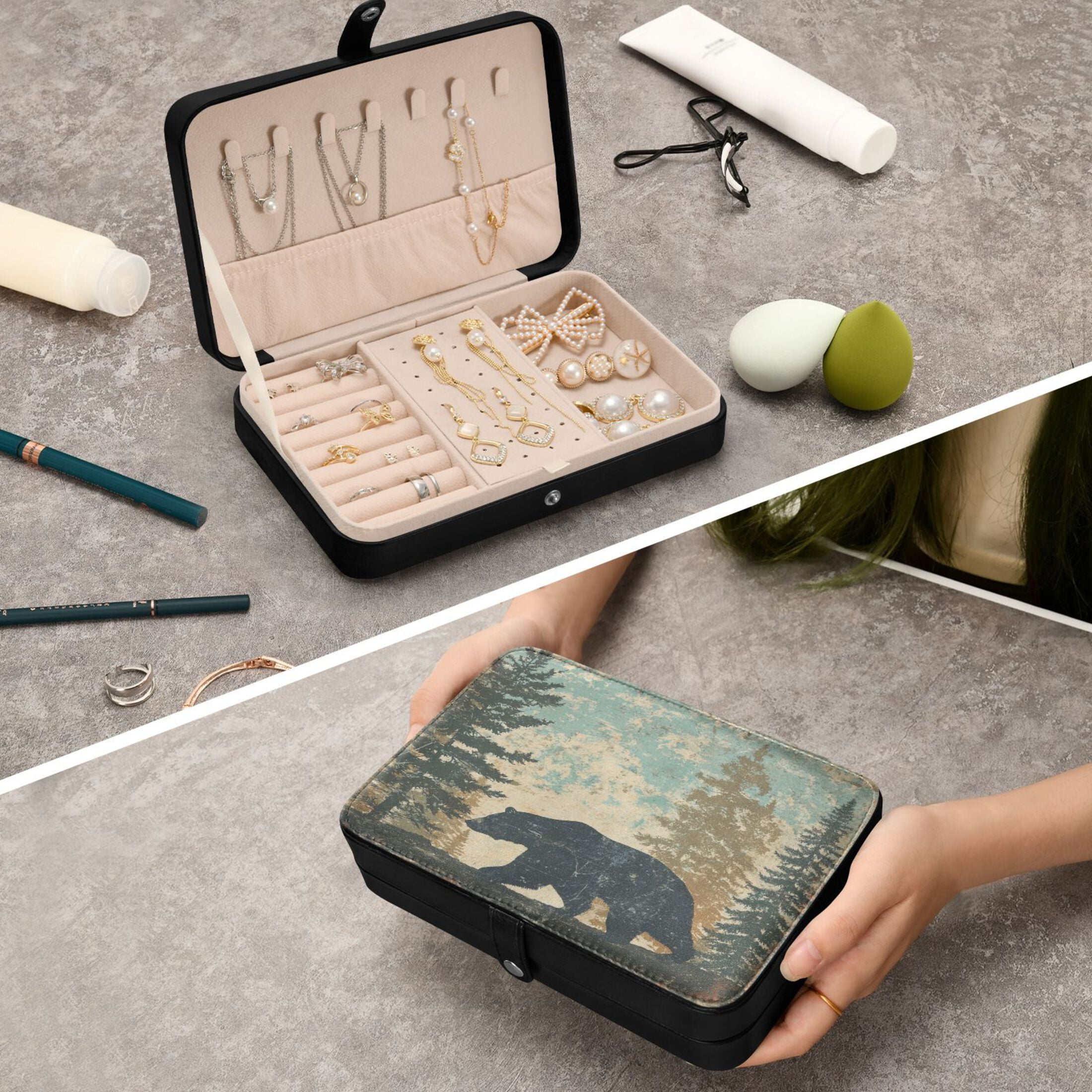 Leather Jewelry Box Travel Jewelry Storage Earrings Necklace Bracelet Watch Brooch Storage Gray Cartoon Bear Pattern