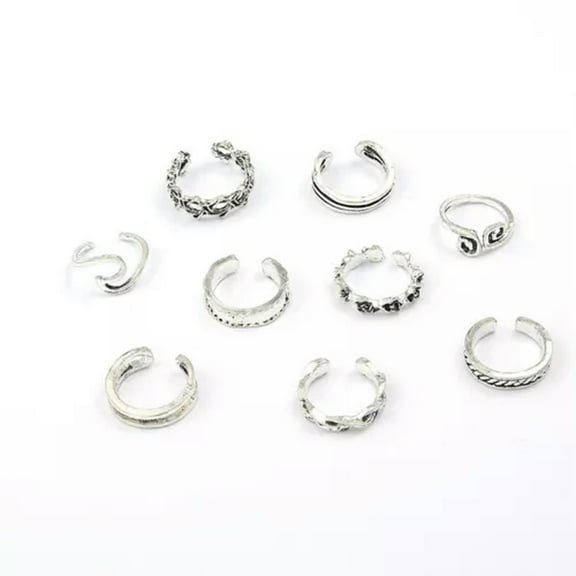 GKNET 9Pcs/Set Adjustable Delicate Jewelry Retro Silver Metal Open Toe Rings Foot Finger Rings-Silver