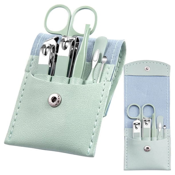 Juego de manicura - Cortaúñas de viaje profesional de 7 piezas con bolsa de cuero verde Herramientas de cuidado de uñas de acero inoxidable Kit de aseo para mujeres