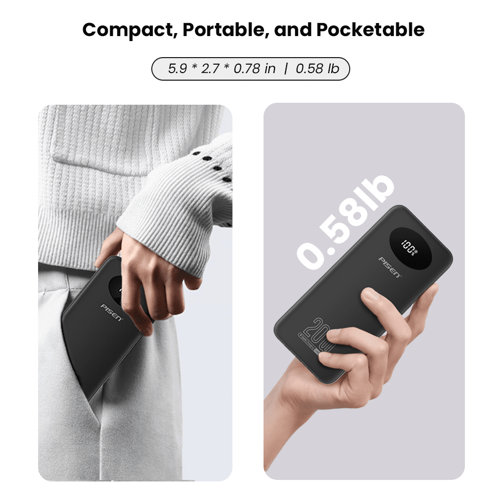 PISEN 3C Certified Power Bank ,10000mAh 20W Fast Charging Battery Pack, Travel Battery Pack Portable Charger with LED Display, Portable Charger with Built in Cable for iPhone, Samsung and More