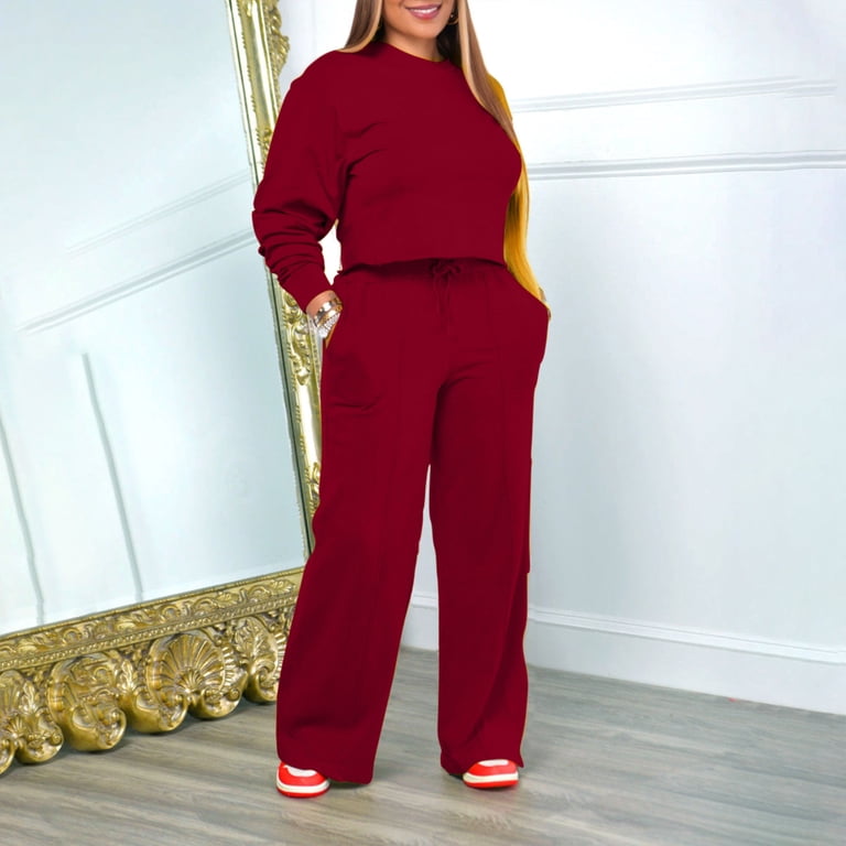 2 Piece Sweatsuit for Women Long Sleeve Crew Neck Cropped