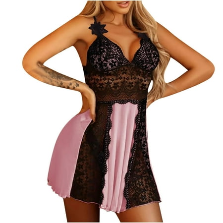 HomeGardon Clearance Plus Size Lingerie for Women Patchwork Pattern Pajamas Sexy V Neck babydoll Chemises Lace Mesh Nightgown S-XXL
