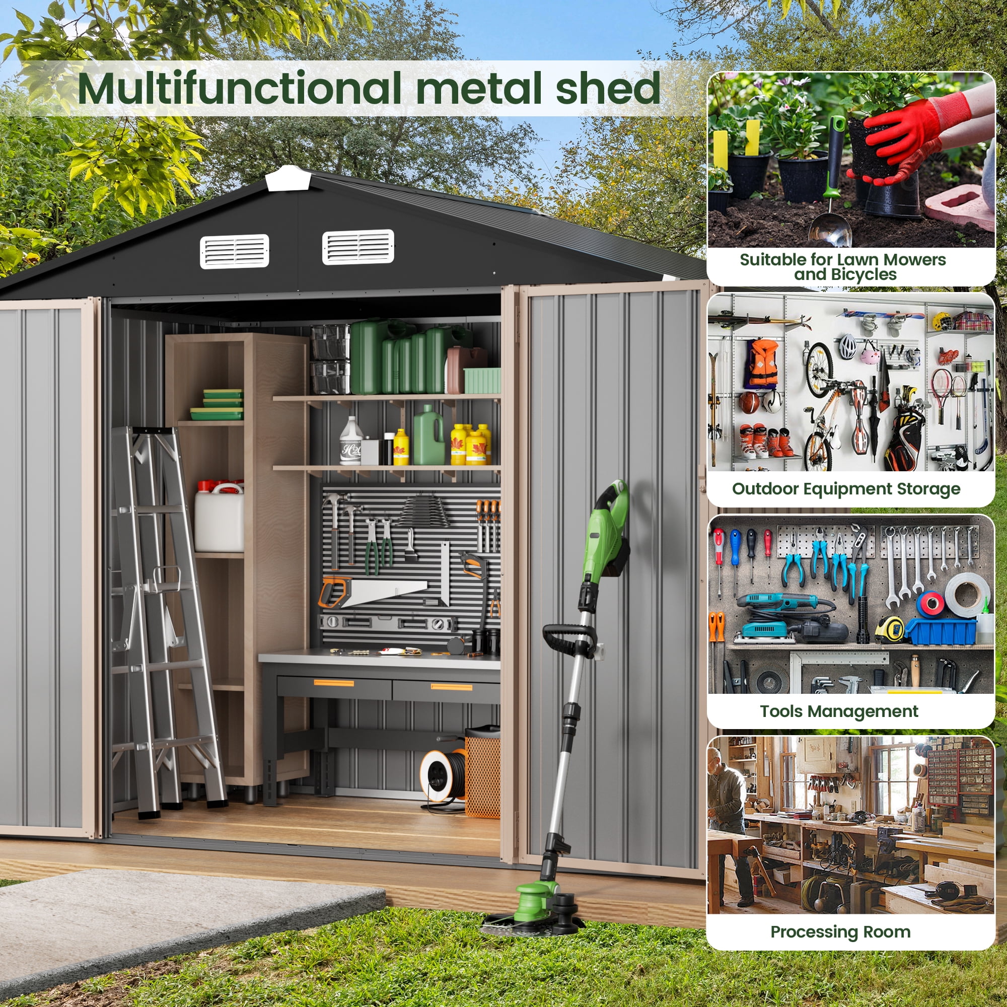 GVDV Metal Shed, 8 x 6 ft Metal Outdoor Storage Shed with Updated Frame, Lockable Doors & Waterproof, Brown