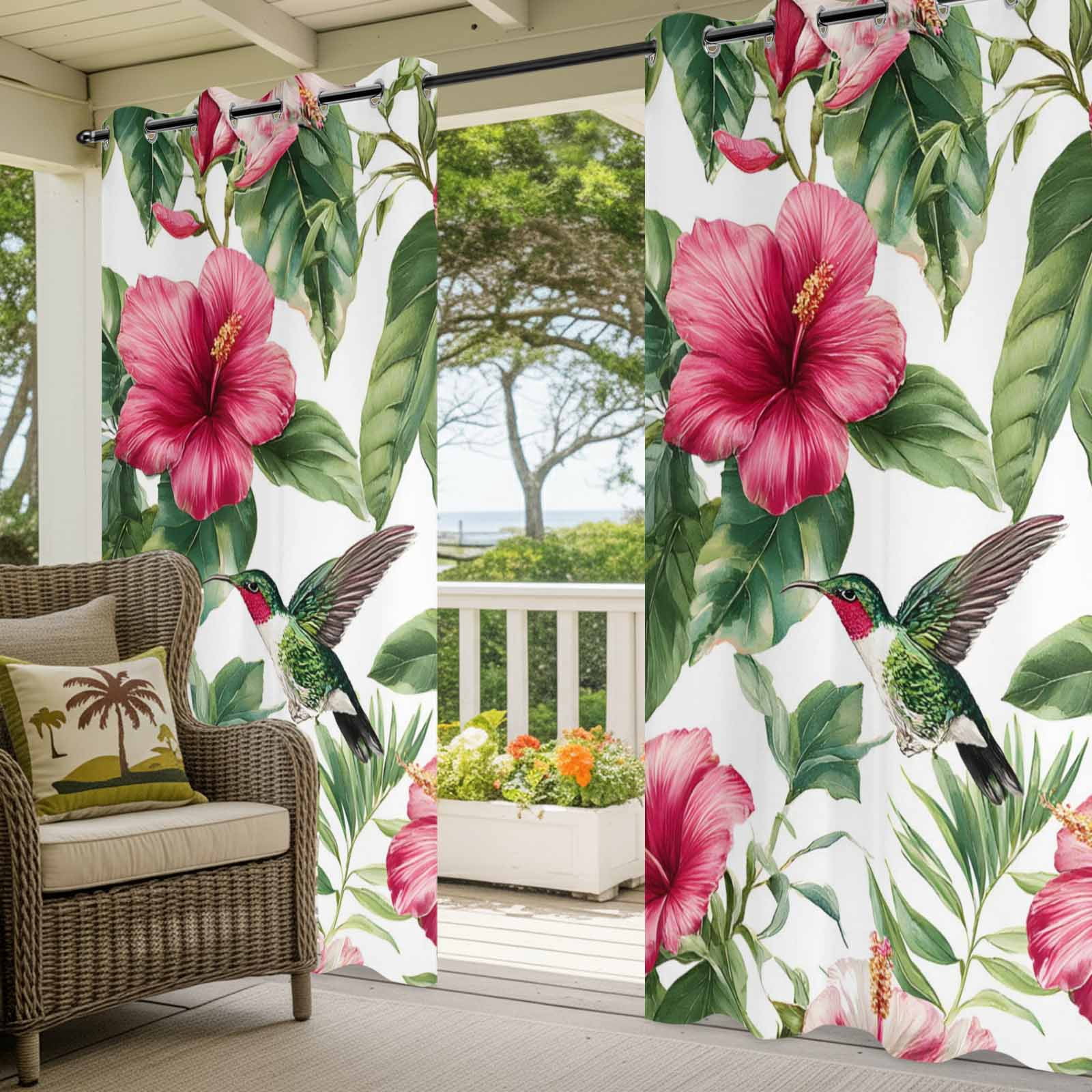 Red Flower Outdoor Curtains for Patio, Tropical Botanical Hibiscus Green Leaf Summer Sunshade Privacy Drapes Grommet Waterproof Outside Curtains for Porch/Cabana/Balcony 54"x 108", 1 Panel