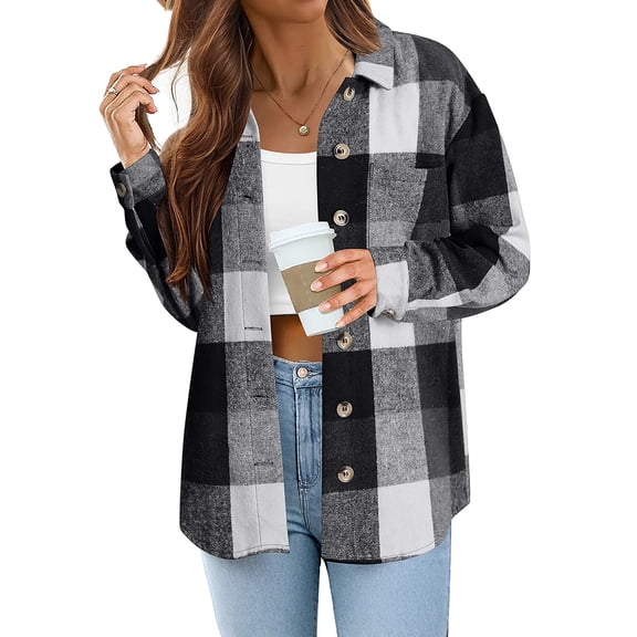 Zeagoo Women Flannel Shacket Jacket Plaid Button Down Long Sleeve Shirt Blouse Fall Outfits 2025