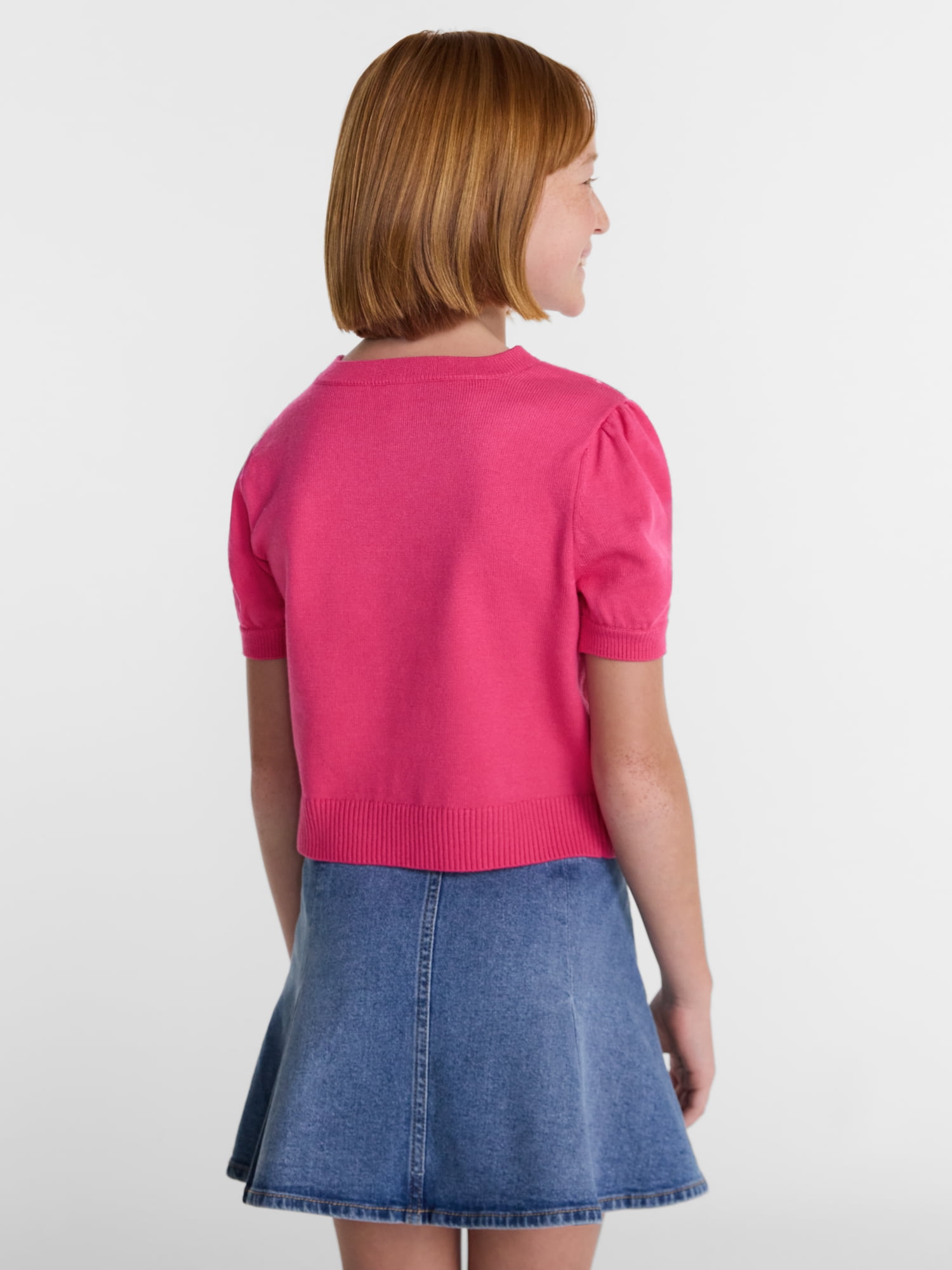 Wonder Nation Girls Argyle Sweater with Short Puff Sleeves, Sizes 4-18