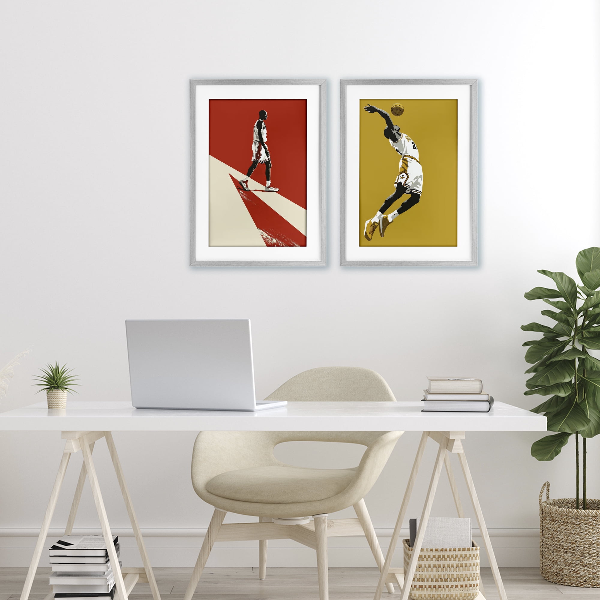 Stupell Industries Iconic NBA Champions 2 Piece Gray Framed Print Under Glass Set, design by Ray Powers