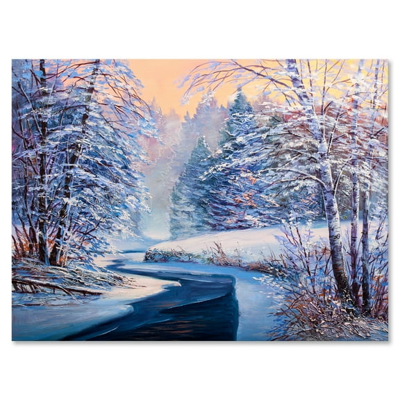 Designart ' Pastel Winter Forest With River ' Lake House Canvas Wall Art Print