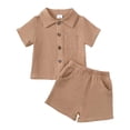 thumbnail image 1 of felwors Toddler Baby Boys Clothes Ribbed Button-Down Shirt Tops + Shorts Pocket Outfit 2 PCS set, 2-3 Years, Khaki, 1 of 3