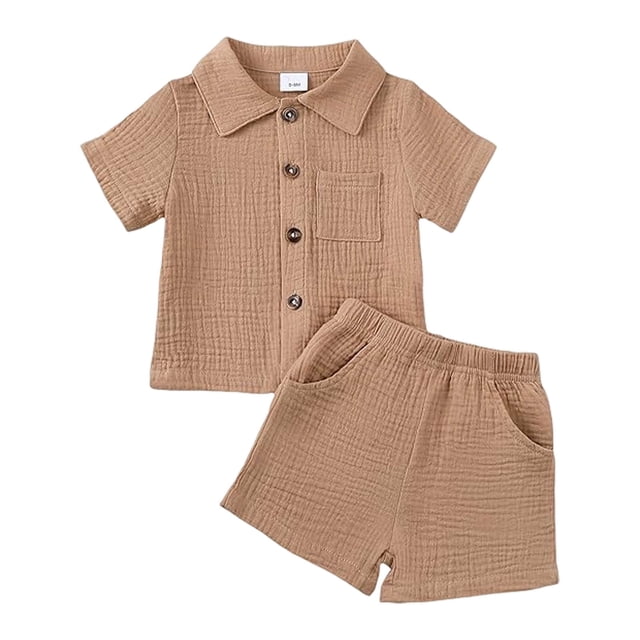 felwors Toddler Baby Boys Clothes Ribbed Button-Down Shirt Tops + Shorts Pocket Outfit 2 PCS set, 2-3 Years, Khaki